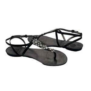 Yellow Box Windflower Embellished Black T-Strap Sandals Size 7 1/2 Women's